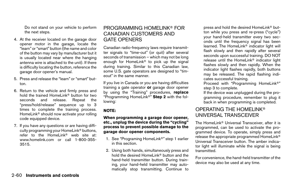 Programming homelink, For canadian, Universal | Transceiver -60 | NISSAN 2013 Titan - Owner's Manual User Manual | Page 141 / 458