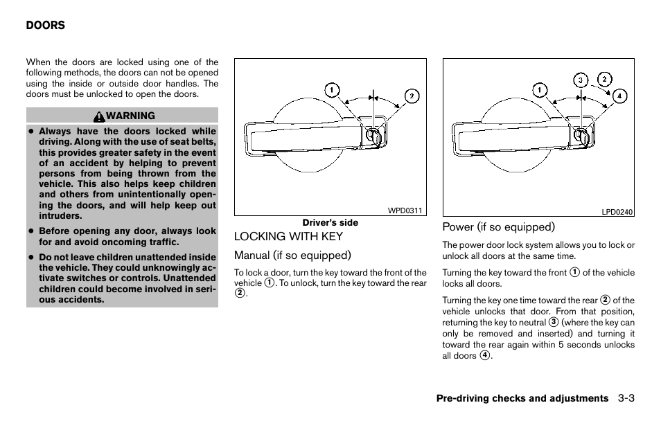 Doors -3, Locking with key -3 | NISSAN 2013 Titan - Owner's Manual User Manual | Page 146 / 458