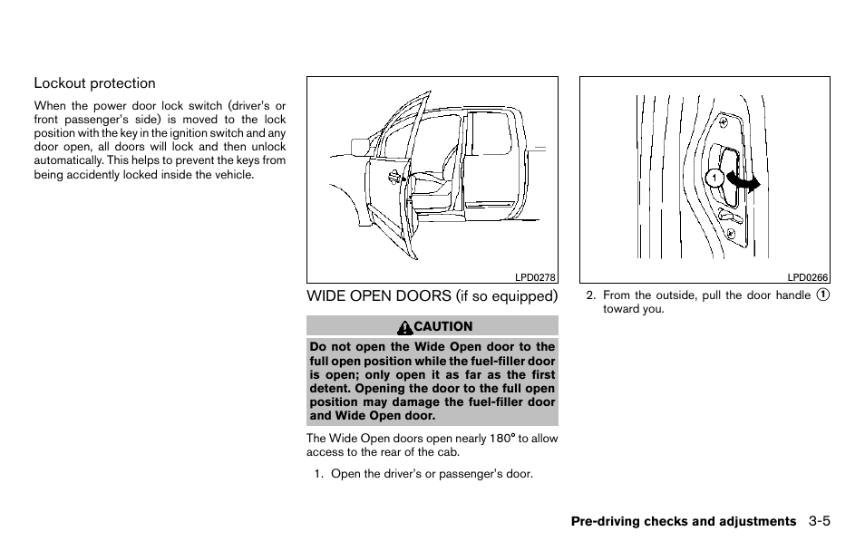 Wide open doors (if so equipped) -5 | NISSAN 2013 Titan - Owner's Manual User Manual | Page 148 / 458