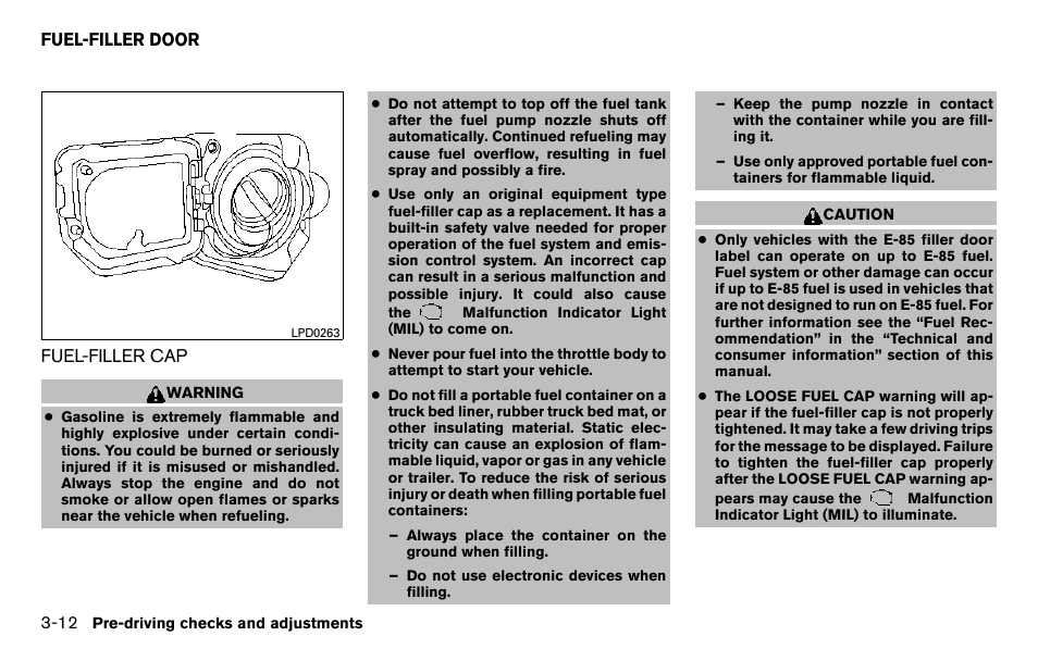 Fuel-filler door -12, Fuel-filler cap -12 | NISSAN 2013 Titan - Owner's Manual User Manual | Page 155 / 458