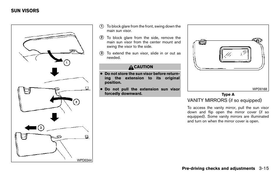 Sun visors -15, Vanity mirrors (if so equipped) -15 | NISSAN 2013 Titan - Owner's Manual User Manual | Page 158 / 458