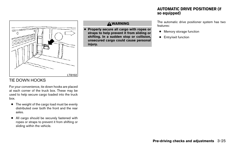 Tie down hooks -25, Automatic drive positioner (if so equipped) -25 | NISSAN 2013 Titan - Owner's Manual User Manual | Page 168 / 458