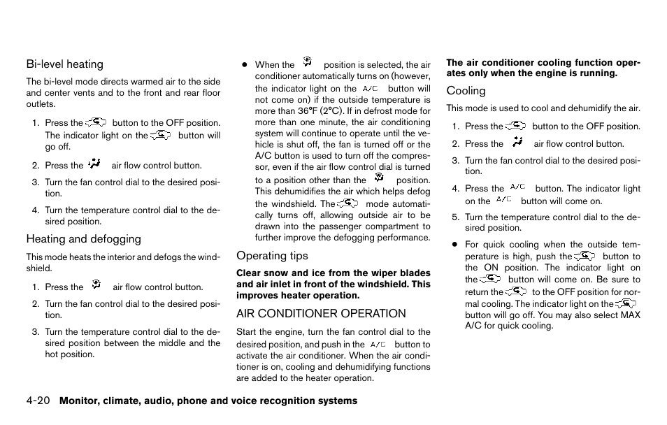 Air conditioner operation -20 | NISSAN 2013 Titan - Owner's Manual User Manual | Page 191 / 458