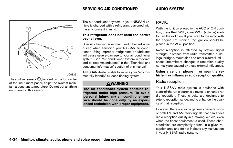 Servicing air conditioner -34 audio system -34, Radio -34 | NISSAN 2013 Titan - Owner's Manual User Manual | Page 205 / 458