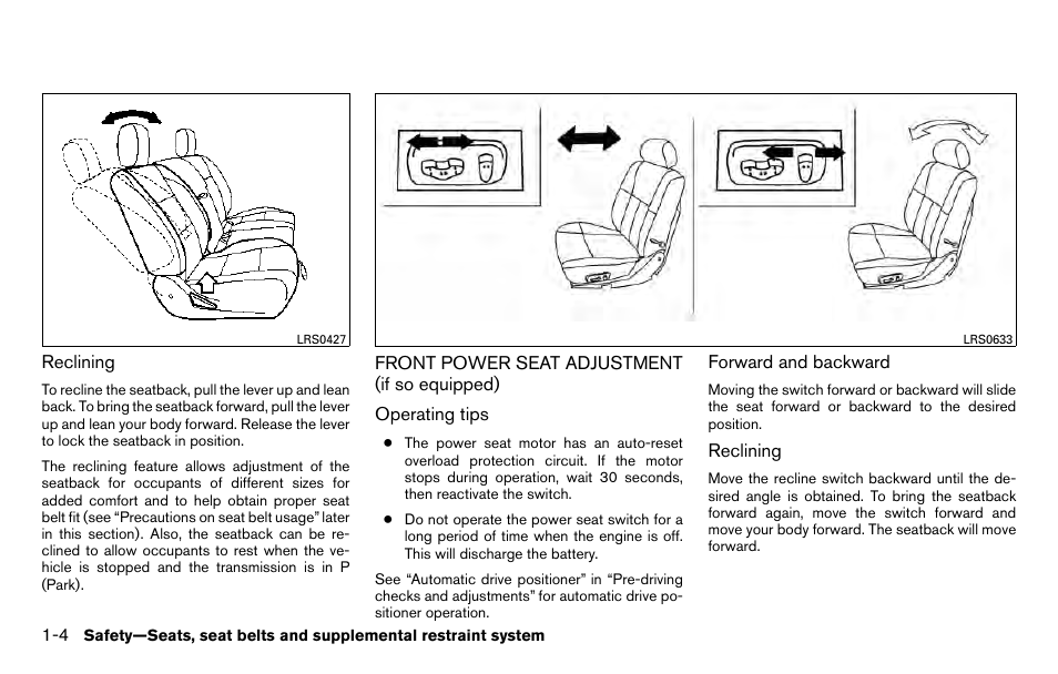 Front power seat adjustment (if so equipped) -4 | NISSAN 2013 Titan - Owner's Manual User Manual | Page 21 / 458