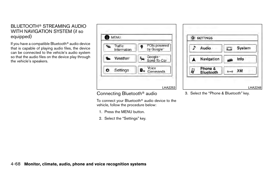 Bluetooth, Streaming audio with navigation, System (if so equipped) -68 | NISSAN 2013 Titan - Owner's Manual User Manual | Page 239 / 458