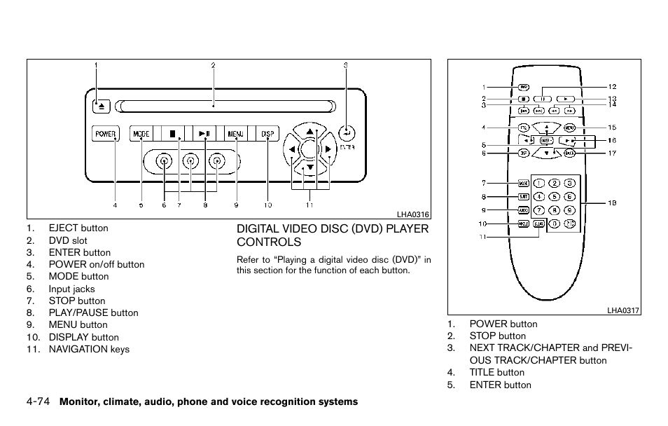 Digital video disc (dvd) player controls -74 | NISSAN 2013 Titan - Owner's Manual User Manual | Page 245 / 458