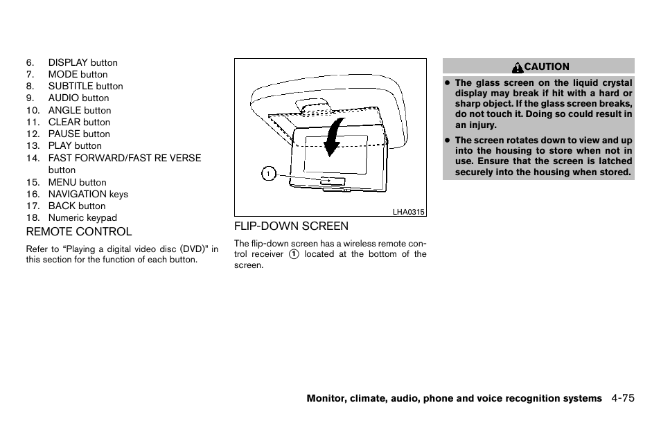 Remote control -75 flip-down screen -75 | NISSAN 2013 Titan - Owner's Manual User Manual | Page 246 / 458