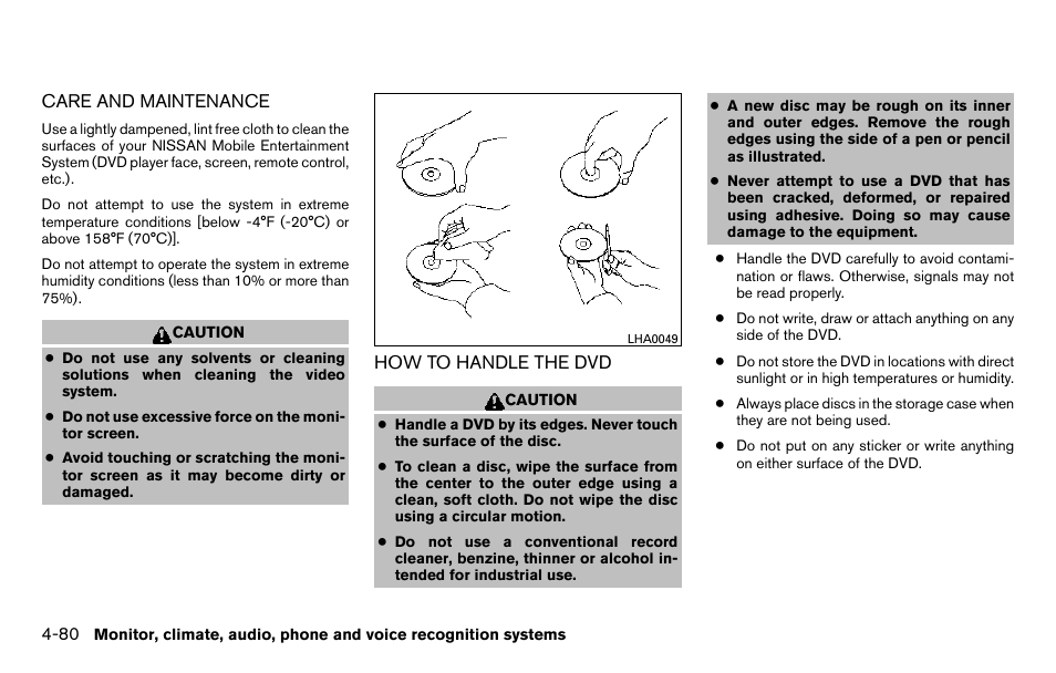 Care and maintenance -80 how to handle the dvd -80 | NISSAN 2013 Titan - Owner's Manual User Manual | Page 251 / 458