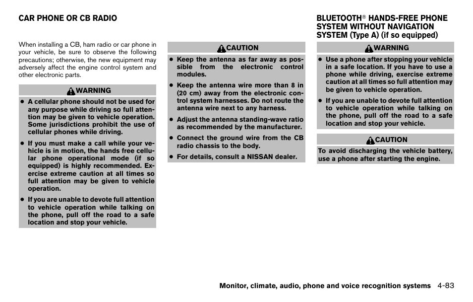 Car phone or cb radio -83 bluetooth, Hands-free phone system without, Navigation system (type a) (if so equipped) -83 | NISSAN 2013 Titan - Owner's Manual User Manual | Page 254 / 458