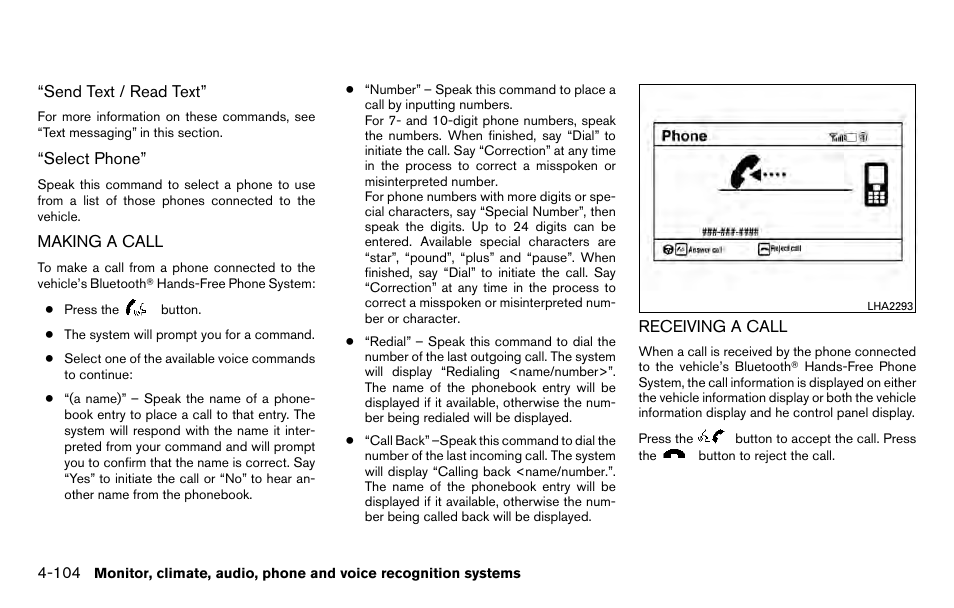 Making a call -104 receiving a call -104 | NISSAN 2013 Titan - Owner's Manual User Manual | Page 275 / 458