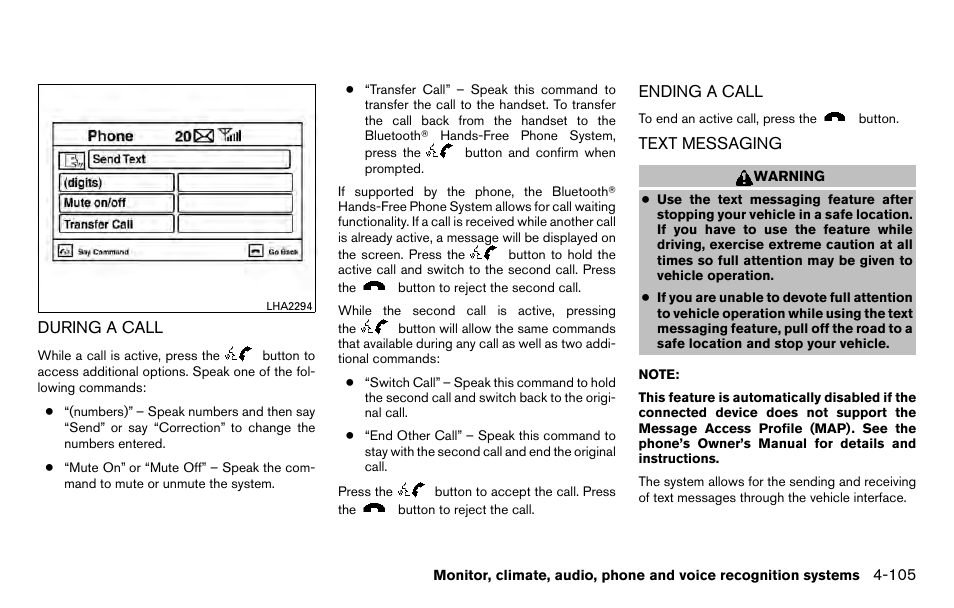 During a call -105, Ending a call -105 text messaging -105 | NISSAN 2013 Titan - Owner's Manual User Manual | Page 276 / 458