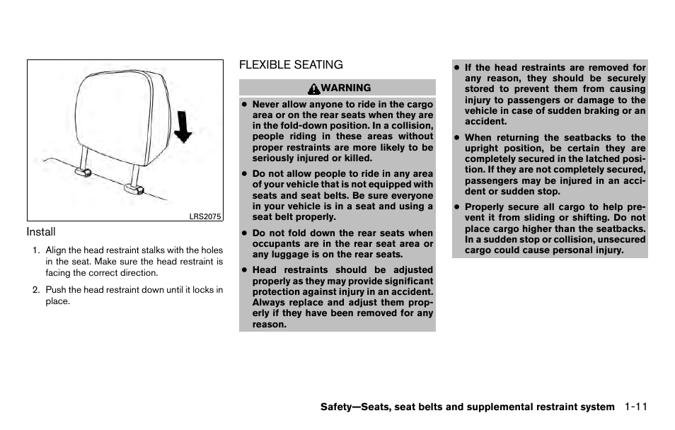 Flexible seating -11 | NISSAN 2013 Titan - Owner's Manual User Manual | Page 28 / 458