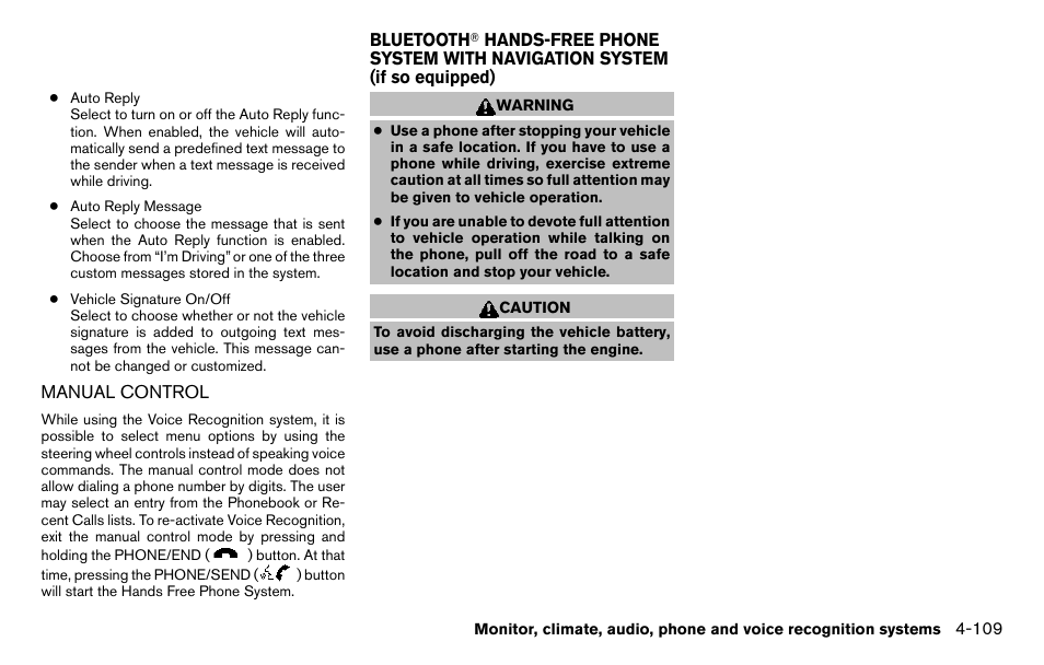 Manual control -109, Bluetooth, Hands-free phone system with | Navigation system (if so equipped) -109 | NISSAN 2013 Titan - Owner's Manual User Manual | Page 280 / 458