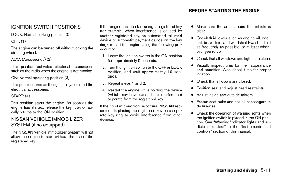 Before starting the engine -11 | NISSAN 2013 Titan - Owner's Manual User Manual | Page 308 / 458