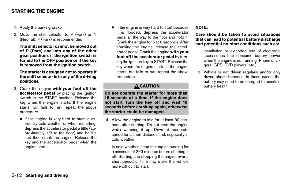 Starting the engine -12 | NISSAN 2013 Titan - Owner's Manual User Manual | Page 309 / 458