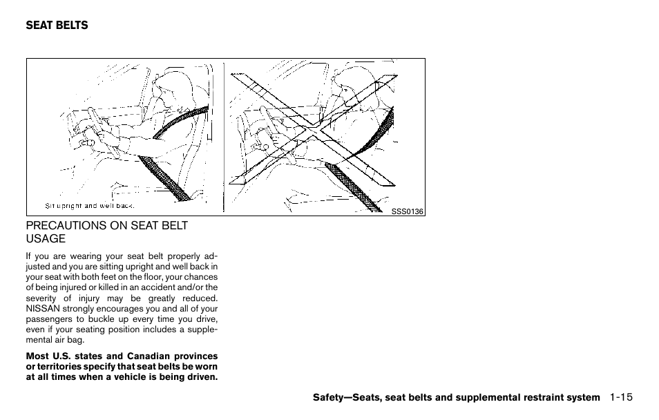 Seat belts -15, Precautions on seat belt usage -15 | NISSAN 2013 Titan - Owner's Manual User Manual | Page 32 / 458