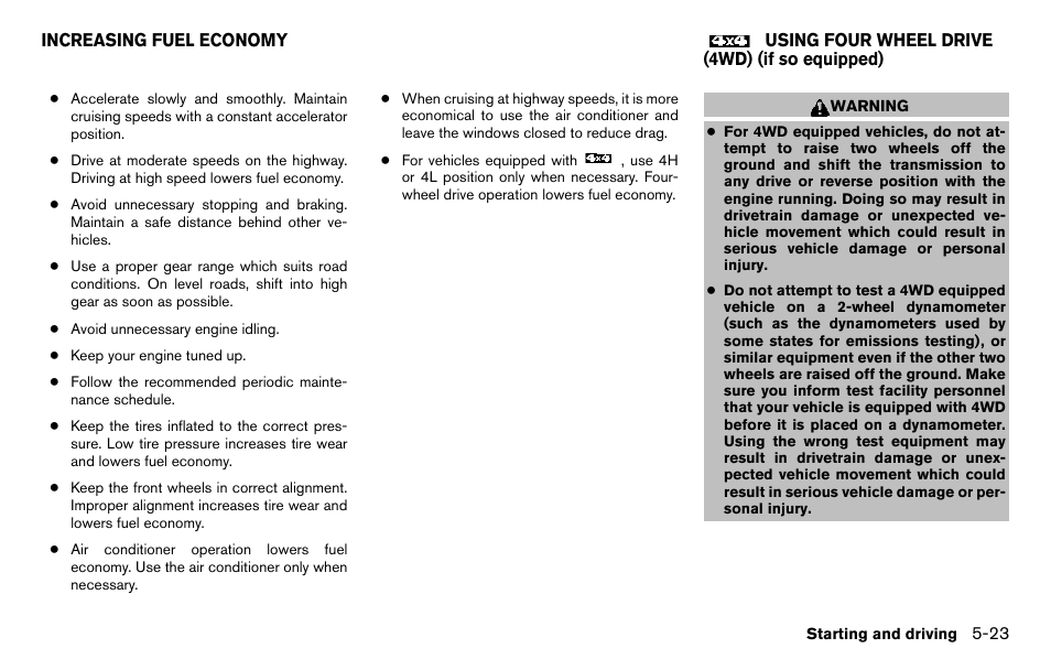 Increasing fuel economy -23, Using four wheel drive (4wd), If so equipped) -23 | NISSAN 2013 Titan - Owner's Manual User Manual | Page 320 / 458