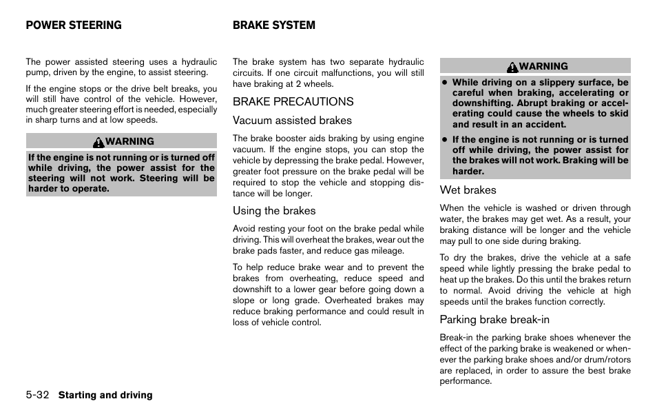 Power steering -32 brake system -32, Brake precautions -32 | NISSAN 2013 Titan - Owner's Manual User Manual | Page 329 / 458