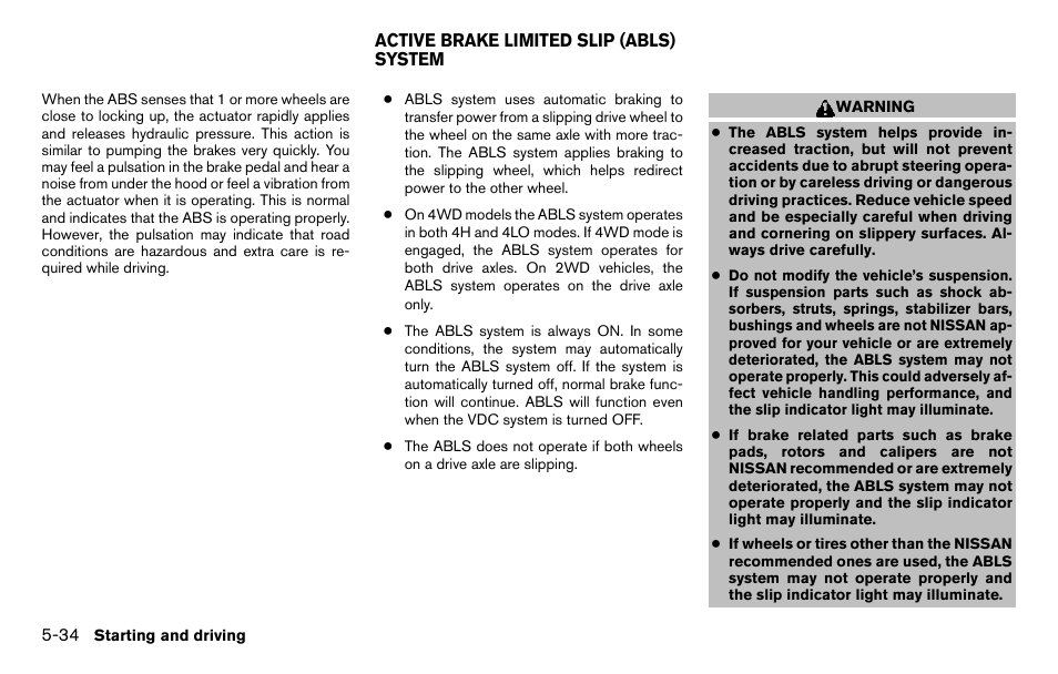 Active brake limited slip (abls) system -34 | NISSAN 2013 Titan - Owner's Manual User Manual | Page 331 / 458