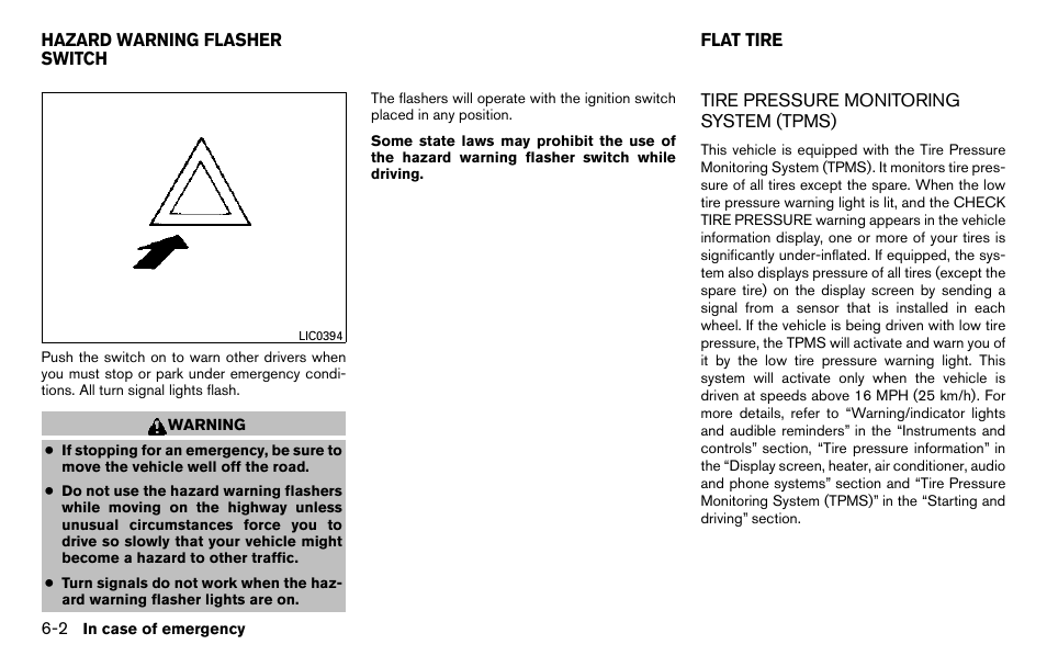 Hazard warning flasher switch -2 flat tire -2, Tire pressure monitoring system (tpms) -2 | NISSAN 2013 Titan - Owner's Manual User Manual | Page 339 / 458