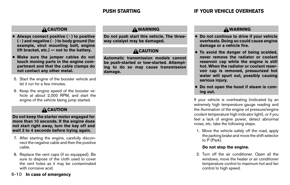 Push starting -10 if your vehicle overheats -10 | NISSAN 2013 Titan - Owner's Manual User Manual | Page 347 / 458