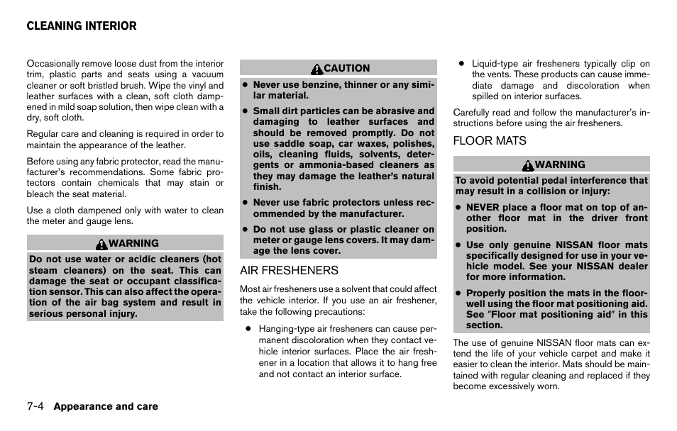 Cleaning interior -4, Air fresheners -4 floor mats -4 | NISSAN 2013 Titan - Owner's Manual User Manual | Page 355 / 458