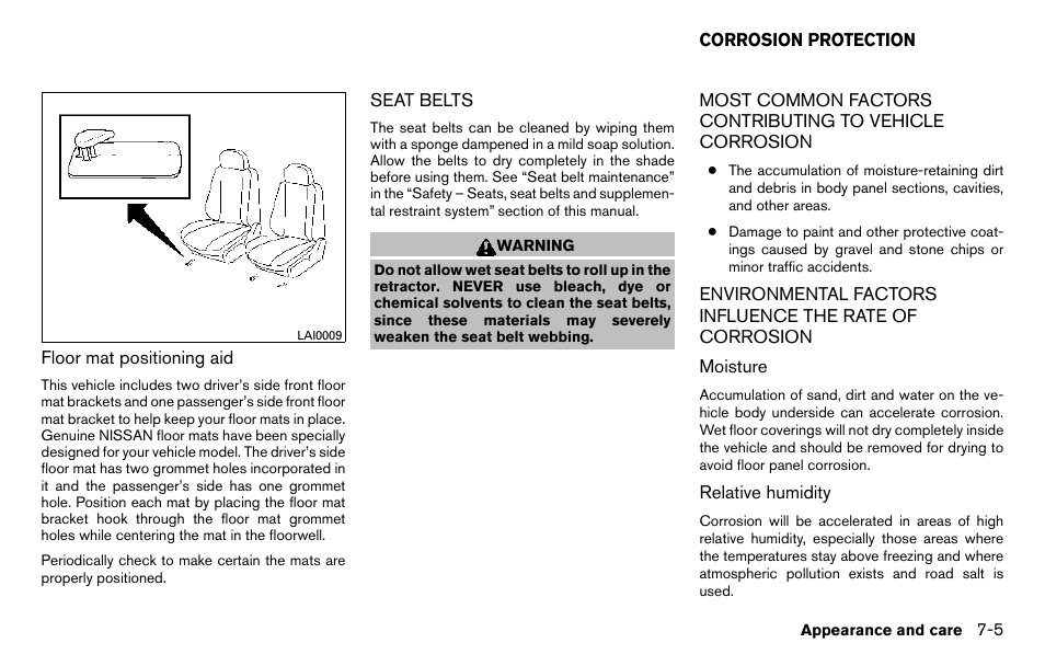 Seat belts -5, Corrosion protection -5 | NISSAN 2013 Titan - Owner's Manual User Manual | Page 356 / 458