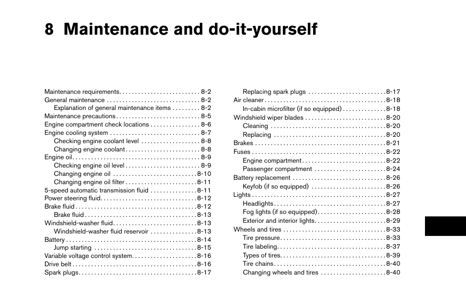 Maintenance and do-it-yourself, 8 maintenance and do-it-yourself | NISSAN 2013 Titan - Owner's Manual User Manual | Page 358 / 458