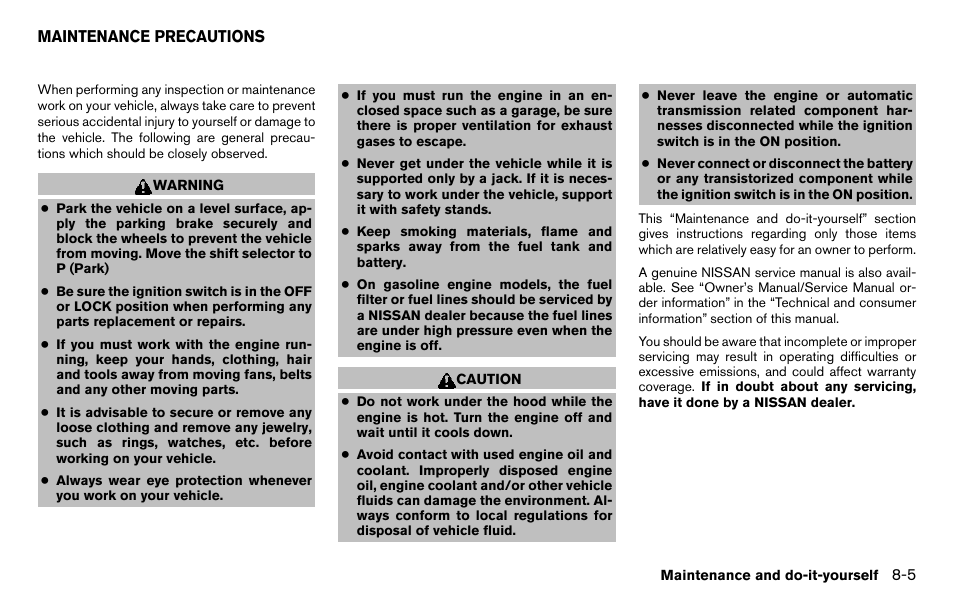 Maintenance precautions -5 | NISSAN 2013 Titan - Owner's Manual User Manual | Page 362 / 458