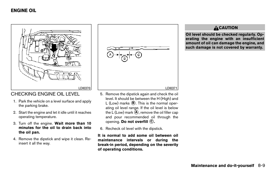 Engine oil -9, Checking engine oil level -9 | NISSAN 2013 Titan - Owner's Manual User Manual | Page 366 / 458