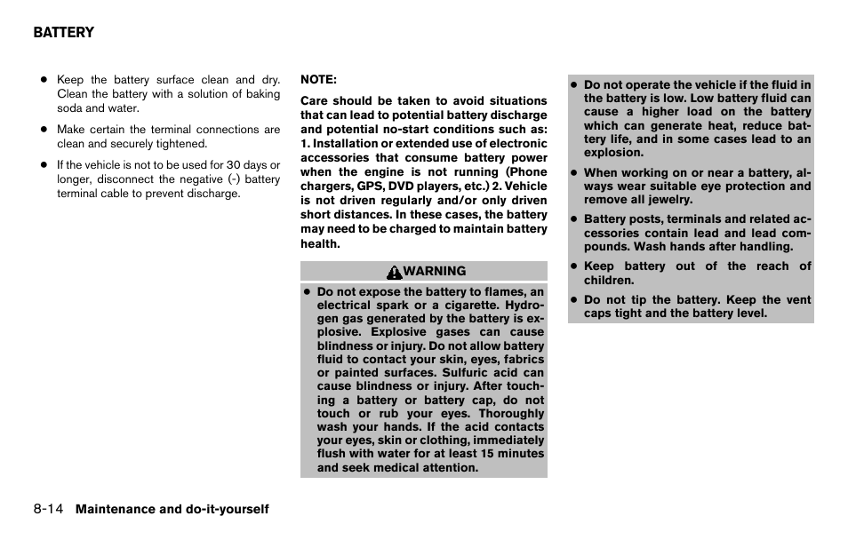 Battery -14 | NISSAN 2013 Titan - Owner's Manual User Manual | Page 371 / 458