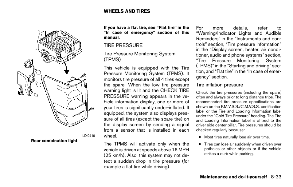 Wheels and tires -33, Tire pressure -33 | NISSAN 2013 Titan - Owner's Manual User Manual | Page 390 / 458