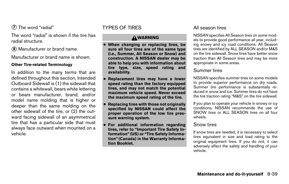 Types of tires -39 | NISSAN 2013 Titan - Owner's Manual User Manual | Page 396 / 458