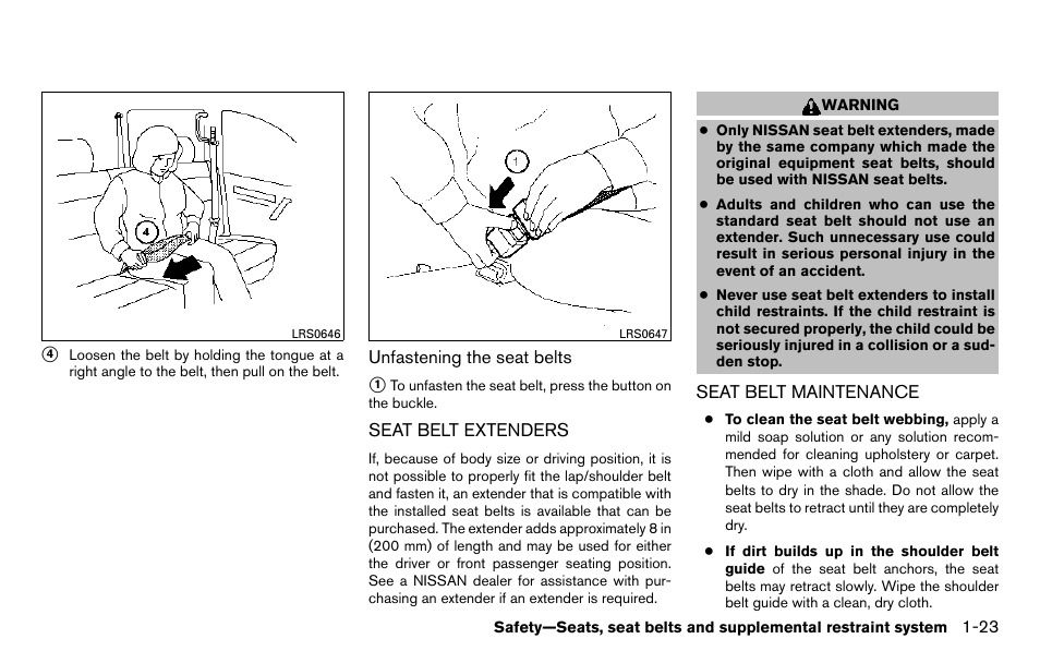 Seat belt extenders -23 seat belt maintenance -23 | NISSAN 2013 Titan - Owner's Manual User Manual | Page 40 / 458