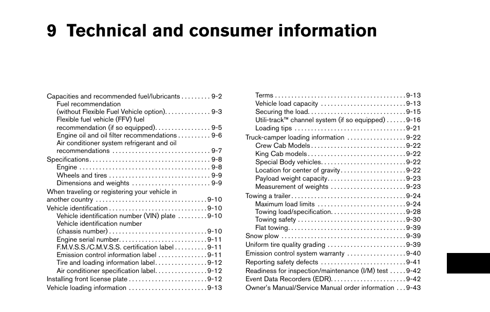 Technical and consumer information, 9 technical and consumer information | NISSAN 2013 Titan - Owner's Manual User Manual | Page 402 / 458