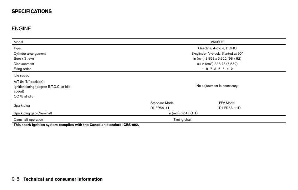 Specifications -8, Engine -8, Engine | Specifications, Technical and consumer information | NISSAN 2013 Titan - Owner's Manual User Manual | Page 409 / 458