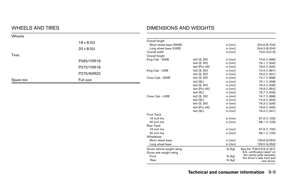 Wheels and tires -9 dimensions and weights -9, Wheels and tires, Dimensions and weights | Technical and consumer information | NISSAN 2013 Titan - Owner's Manual User Manual | Page 410 / 458