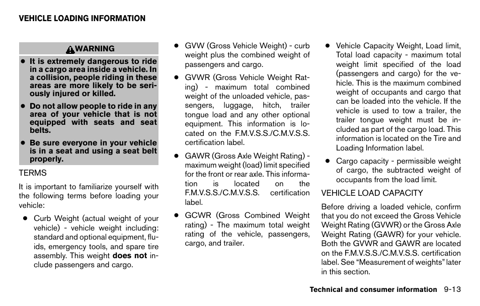 Vehicle loading information -13, Terms -13 vehicle load capacity -13 | NISSAN 2013 Titan - Owner's Manual User Manual | Page 414 / 458