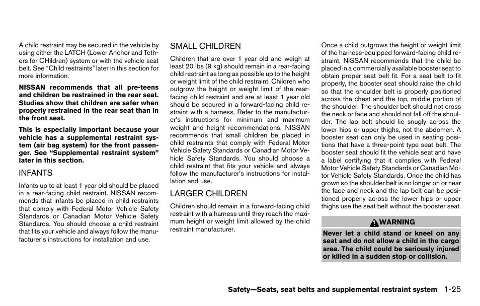 Infants -25, Small children -25 larger children -25 | NISSAN 2013 Titan - Owner's Manual User Manual | Page 42 / 458