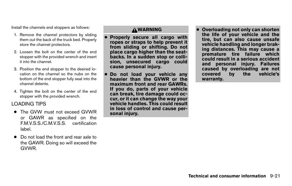 Loading tips -21 | NISSAN 2013 Titan - Owner's Manual User Manual | Page 422 / 458