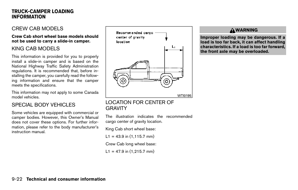 Truck-camper loading information -22 | NISSAN 2013 Titan - Owner's Manual User Manual | Page 423 / 458