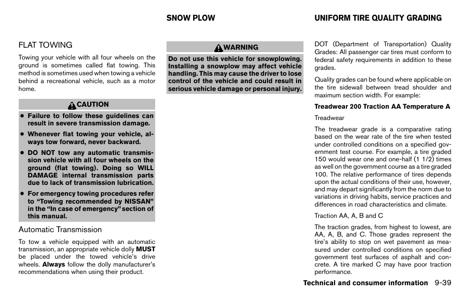 Flat towing -39, Snow plow -39 uniform tire quality grading -39 | NISSAN 2013 Titan - Owner's Manual User Manual | Page 440 / 458