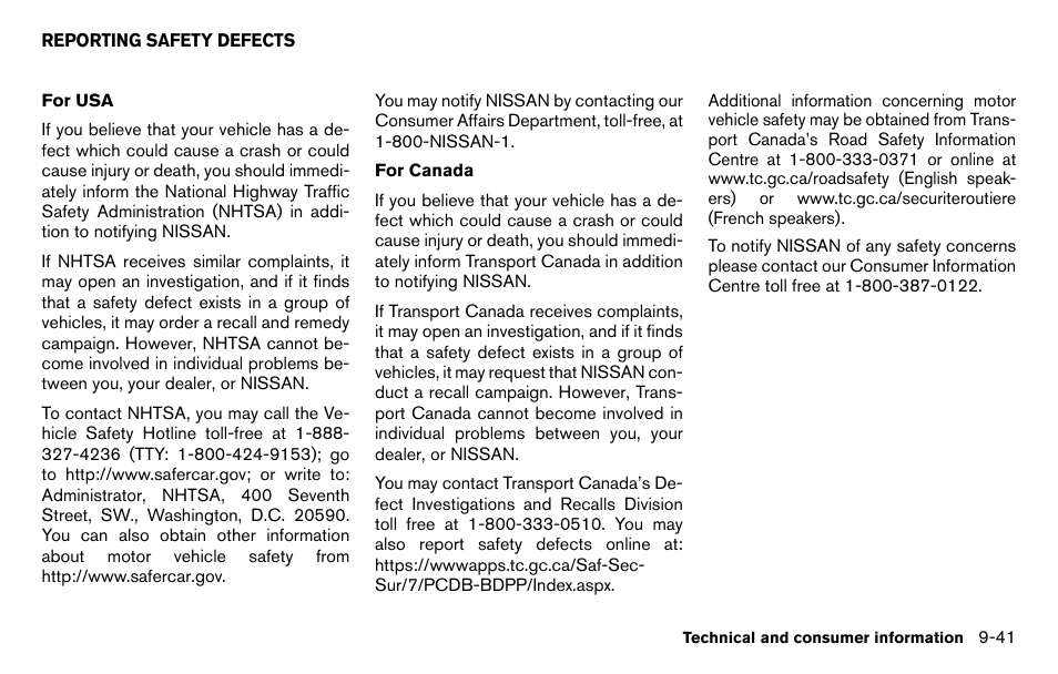 Reporting safety defects -41 | NISSAN 2013 Titan - Owner's Manual User Manual | Page 442 / 458