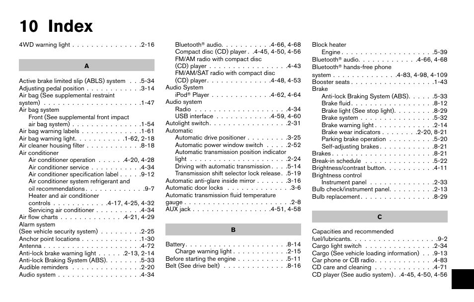 Index, 10 index | NISSAN 2013 Titan - Owner's Manual User Manual | Page 446 / 458