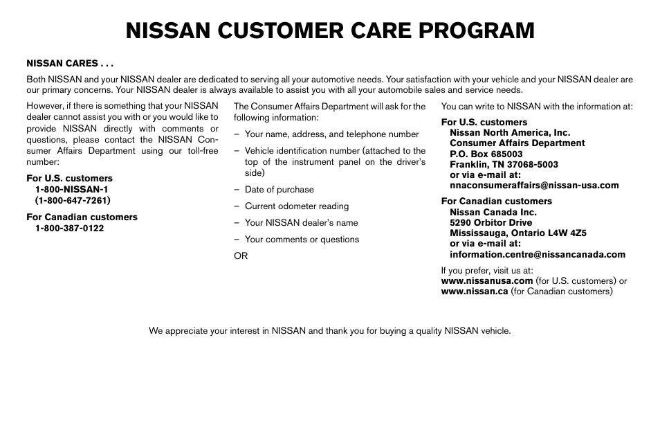 Nissan customer care program | NISSAN 2013 Titan - Owner's Manual User Manual | Page 5 / 458