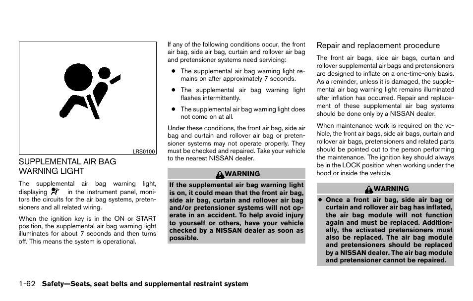 Supplemental air bag warning light -62 | NISSAN 2013 Titan - Owner's Manual User Manual | Page 79 / 458