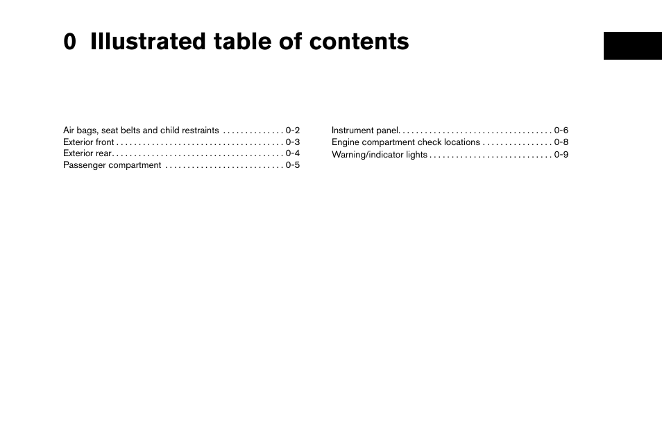 Illustrated table of contents, 0 illustrated table of contents | NISSAN 2013 Titan - Owner's Manual User Manual | Page 8 / 458