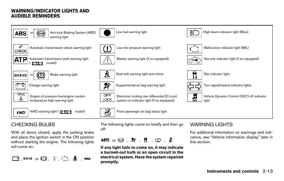 Warning/indicator lights and audible reminders -13, Checking bulbs -13 warning lights -13, Checking bulbs | Warning lights, Warning/indicator lights and audible reminders | NISSAN 2013 Titan - Owner's Manual User Manual | Page 94 / 458