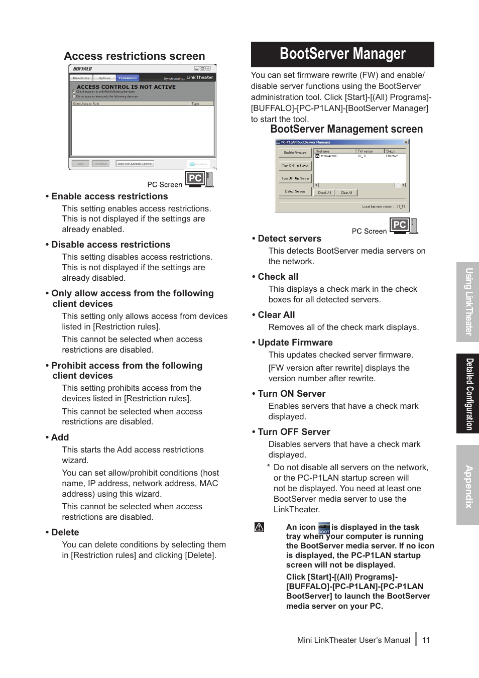 Bootserver manager, Access restrictions screen, Bootserver management screen | Buffalo Technology PC-P1LAN User Manual | Page 11 / 23